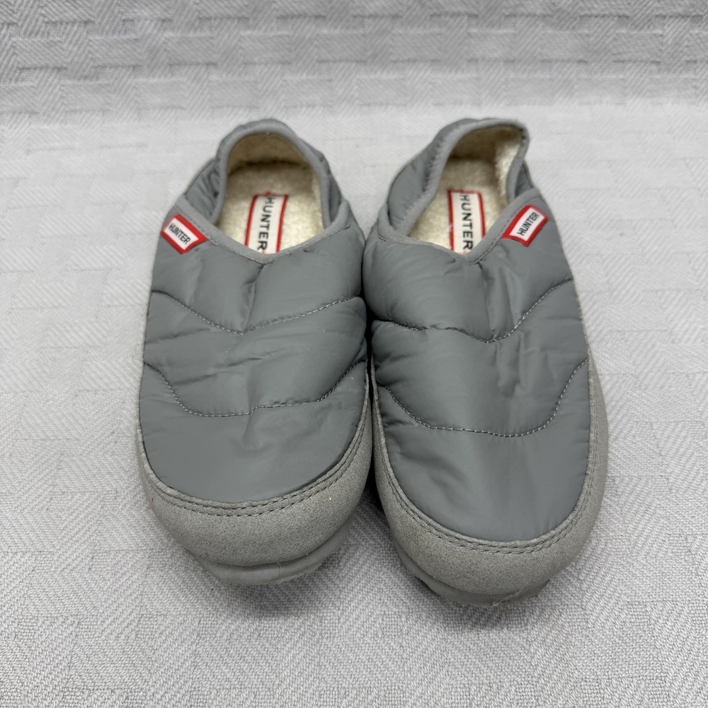 Hunter Puffer Slippers Womens Size 6 Gray Quilted Faux Fur Lined Slip On Indoor